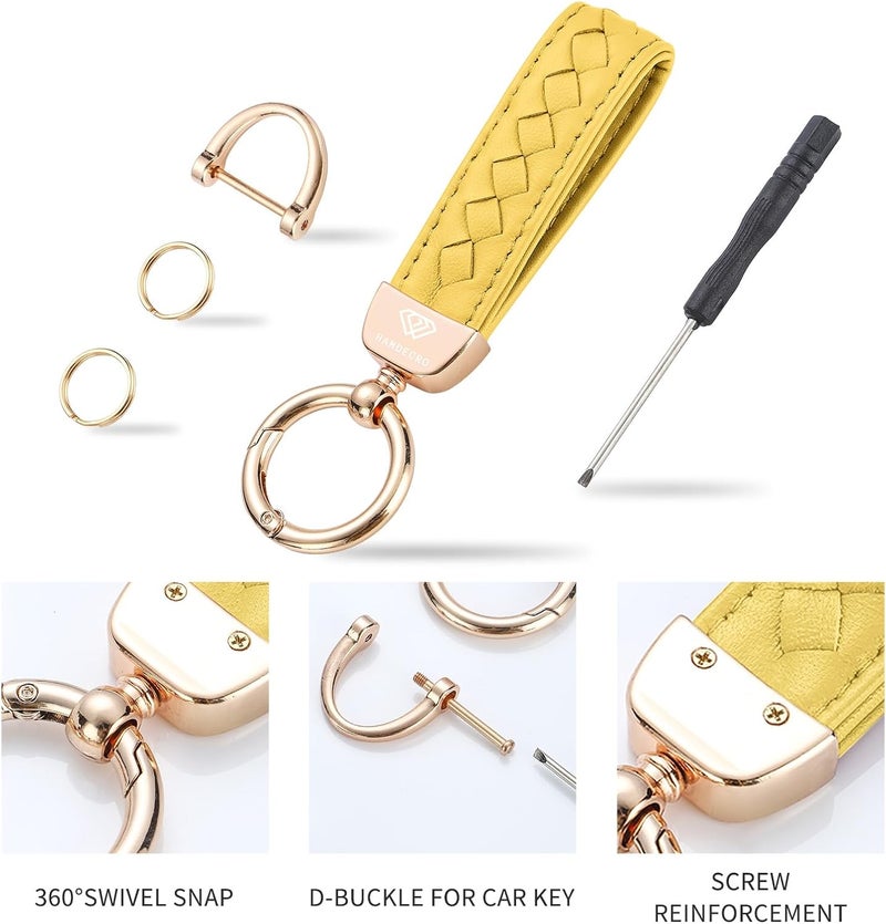 Hamdecro Store Genuine Leather Keychains, Handmade Knit Sheepskin Car Key chains for Women, Universal Key Fob Holder with 360 Degree Rotatable, Anti-Lost D-Ring, 2 Keyrings and 1 Screwdriver-Yellow - Image 3
